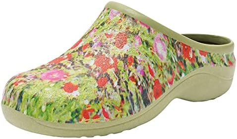 Backdoorshoes Waterproof Premium Garden Clogs for Women with Arch Support, Practical Slip On Outdoor Garden Shoes, Poppy Design, US 6