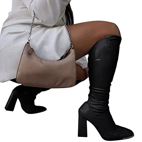 ORANDESIGNE Damen Langschaftstiefel Blockabsatz Lackstiefel High...