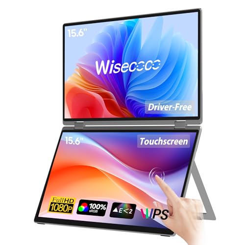 Image of wisecoco 15.6 inch Dual Screen Touch Portable Monitor for Laptop Screen Extender IPS 1080P 360Foldable Stacked Display with Kickstand HDMI USB-C for PC Laptop Windows Mac Driver-Free Flip S5+