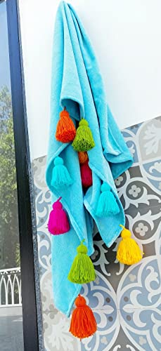 Image of Blue Sofa Cover Multicoloured Tassels:Corner Thick Fabric, Corner Sofa Seat & Back Cover, Designer:Fits 3+3 Seater+Corner Sofa, Coverage: Seat & Front Back -Set of 2 Seat Covers & 2 Back Covers