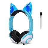 ONTA Kids Headphones with Cute LED Glowing Cat Ears,Foldable, Noise-Canceling and Adjustable Toddlers headphones for Boys and Girls (blue)
