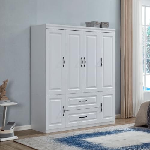 4-Doors-Classic-White-Large-Freestanding-Wardrobe-Armoire-Wooden-Closet-Cabinet-with-Hanging-Rod-Shelves-Bedroom-Clothes-Storage-Bathroom-Wood-Organizer205-D-x-63-W-x-710-H 4 Doors Classic White Large Freestanding Wardrobe Armoire Wooden Closet Cabinet with Hanging Rod Shelves Bedroom Clothes Storage Bathroom Wood Organizer205 D x 63 W x 710 H