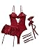 Lilosy Sexy Stocking Rhinestones Heart Garter Underwire Floral Mesh lace Sheer Babydoll Lingerie Teddy Bodysuit Skirt Set Women 2 3 Piece Push Up See Through Burgundy Red Medium