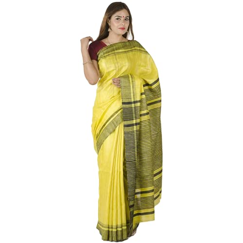 RACHBAI Bhagalpuri pure Tussar Ghicha silk saree with unstiched blouse (multicolor) (Yellow)