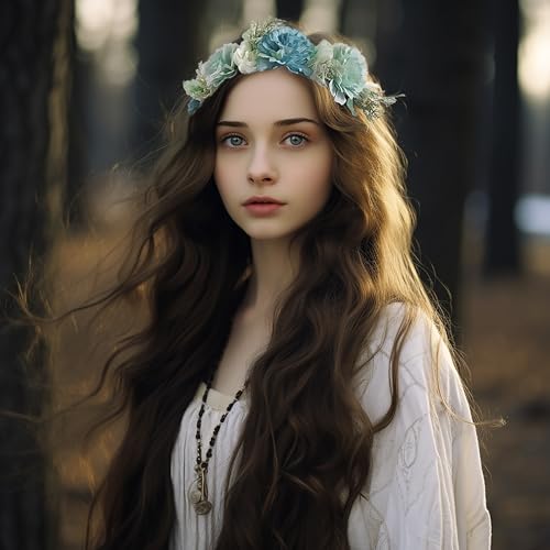 Vivivalue Fairy Flower Crown Blue Floral Headband Elf Headpiece for Women Princess Wedding Bridal Shower Photo Prop Cosplay Renaissance
