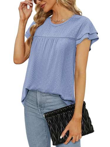 Zwurew Short Sleeve Tunic Tops for Women Eyelet Loose Fit Shirts Dressy Casual Babydoll Top Tee Sky Blue XL — view 2