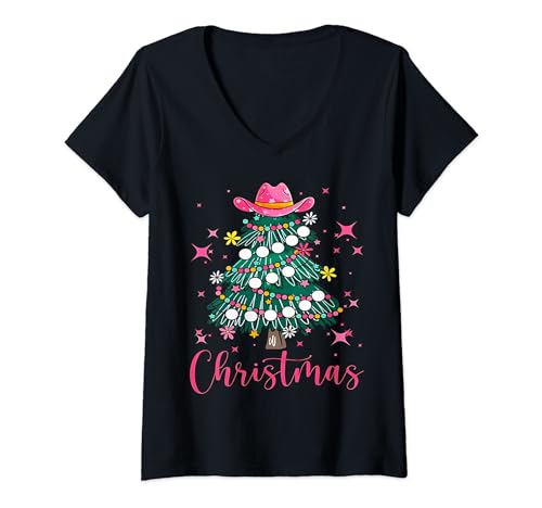 Western Cowboy Christmas Cute Cowgirl Hat and Boots New Year V-Neck T-Shirt