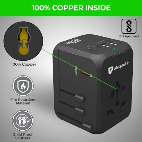 Image of UltraProlink International All in One Universal Travel Adapter|35W GaN Charger|2 USB-A & 3 Type C Ports|PD3.0-PPS Support|2500W|for Laptops,Mobile,Tablets,Cameras|UM1187|Travel Mate PD35|Black