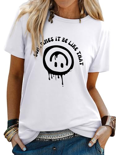 WIEIYM T Shirt Women Crew Neck T-Shirts Summer Tee Smile Graphic Slogan Tshirt Something It Be Like That Unisex Basic Tops White