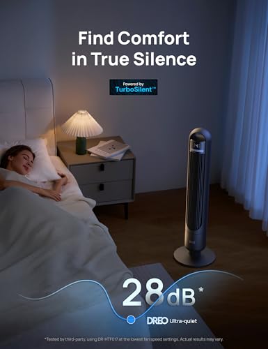 DREO Leiser Turmventilator, Ventilator mit Kühlung, Fernbedienung für Schlafzimmer, Tower Fan mit 4 Geschwindigkeiten, 3 Modi, 9,8 m Windreichweite, 8H Timer, 90° Oszillierend für Wohnzimmer