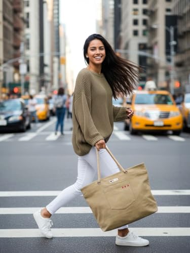 Image of The House of tara Cotton Oversized Canvas Tote Bag with Zip Pouch | YKK Zipper Closure | Padded Pocket for Tablet & Sunglasses /Phone | Bottle Holder | Strong Nylon Handles | Women
