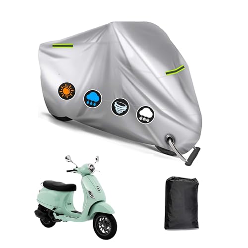 バイクカバー ベスパ LX125 専用 バイクカバー バイクボディーカバー 3つの反射ストリップ 原付カバー UVカット 凍結防止カバー 車体カバー 盗難防止 ワンタッチバックル付き ロック穴付き オールシーズン対応 【収納バッグ付き】 (シルバー)