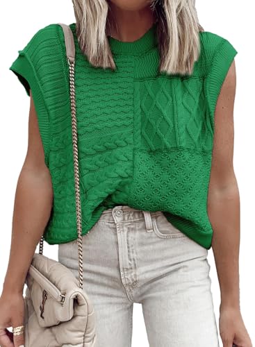 Image of EVALESS Womens Short Sleeve Sweater Summer Fall 2025 Round Neck Crochet Pullover Cap Sleeve Knit Oversized Sweater Vest Tops