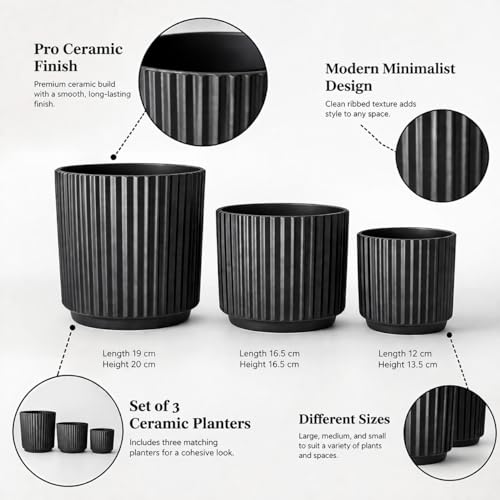 Image of Xtore Architectural Ceramic Ribbed Planter Set | Matte Finish Cylindrical Plant Pots for Home, Office & Living Room Decor - (Set of 3, Black, Planter ONLY)