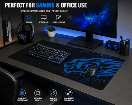 Image of Blue Leopard Gaming Mouse Pad 700 x 300 x 2 mm, Large Desk Mat with Non-Slip Rubber Base & Stitched Edges, Smooth Fabric Surface for PC, Laptop, Keyboard & Mouse(1-pcs)