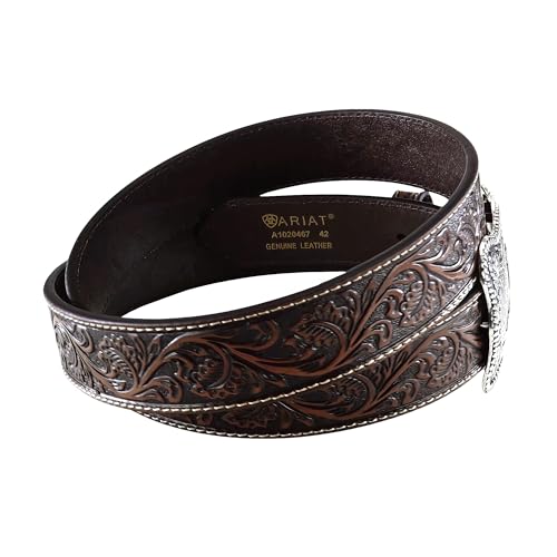 ARIAT Men's Floral Embossed Leather Belt with Antiqued Silver Cowboy Buckle3