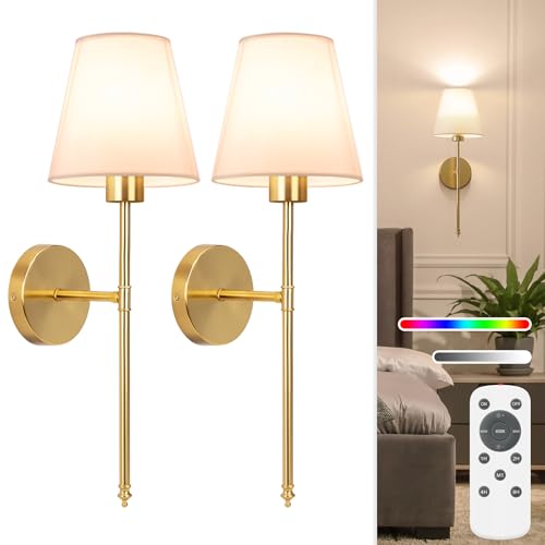 Image of NIORSUN 19.9 inch Battery Operated Wall Sconce Set of 2,Gold Rechargeable Wall Lights with 5200mAh Dimmable Detachable Bulbs and Remote,10 Colors Wireless Sconces for Bedroom Living Room Hallway