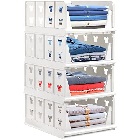 4 Pack Plastic Drawer Organizer, Stackable Wardrobe Storage Box, Foldable Clothes Shelf Baskets, Folding Containers Bins Cubes, Perfect for Kitchen, Office, Bedroom & Bathrooms (White) Cover