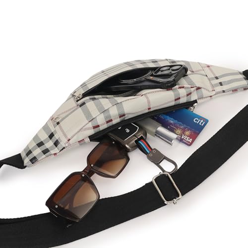 Image of Waist Bag for Man Woman - Anti Theft, Waterproof Zippers and Back Pocket - Large Travel Waist Pouch, Fanny Pack, Belt & Hip Bag for Men, Women for Hiking, Passport, Gym (Black) (Cream)