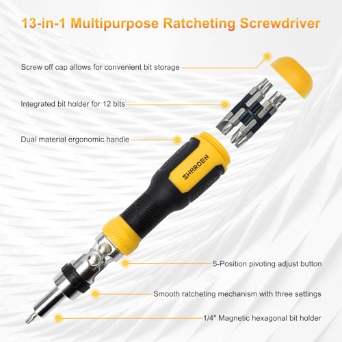 Image of SHARDEN 13-in-1 Ratchet Screwdriver Multi Screwdriver Tool All in One | Ratcheting Screwdriver Set with Phillips, Flat Head, Torx, Hex, Square, 180 Degree Pivoting Adjustable Angle Screw Driver