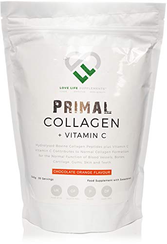 Primal Colágeno + Vitamina C de LLS | Colágeno bovino hidrolizado más vitamina C para la producción mejorada de colágeno | sabor a chocolate y naranja | Gluten/lácteos gratis | 540g / 30 Porciones