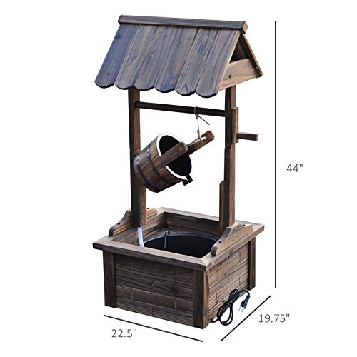 Outsunny Outdoor Wooden Wishing Well Fountain With Adjustable Water Flow Rate, Outdoor Rustic Waterfall Fountain With Electric Pump, Water Bucket, For Backyard Patio Garden Lawn, Carbonized Finish #TOP2