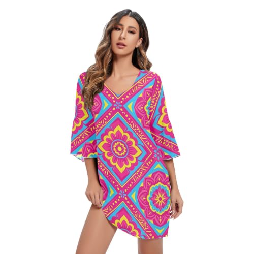 Robe courte en mousseline légère anti-chaleur à motif mandala bohème vaporeux