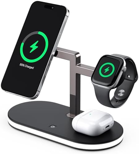UEQ 4 in 1 Wireless Charging Station for Apple MagSafe Charger,Fast Charging Magnetic Wireless Charger Stand with Night Light for iPhone 17 Air 16 15 14 13 12 Series,Apple Watch and AirPods (Black)
