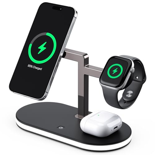 Image of UEQ 4 in 1 Wireless Charging Station for Apple MagSafe Charger,Fast Charging Magnetic Wireless Charger Stand with Night Light for iPhone 17 Air 16 15 14 13 12 Series,for Apple Watch and Earphone-Black