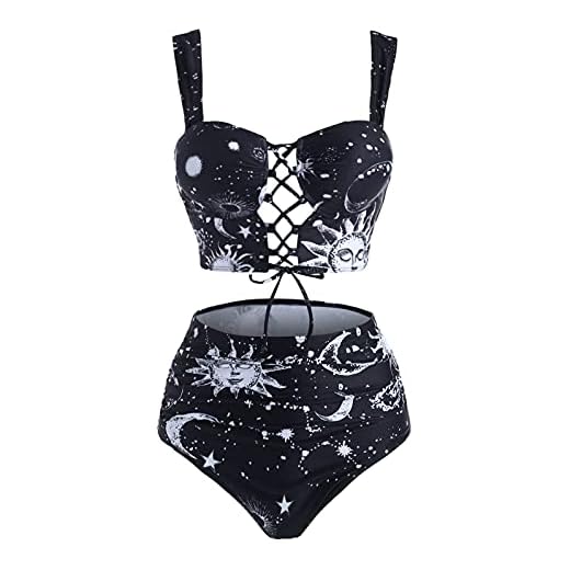 DRESSFO Bikini Set for Women Two Piece Bathing Suit High Waisted Bikini Gothic Sun and Moon Tummy Control Swimsuits(Black_3/1X)