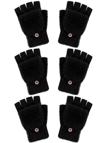 Geyoga 3 Pairs Kids Fingerless Gloves Winter Warm Black 5-10Y