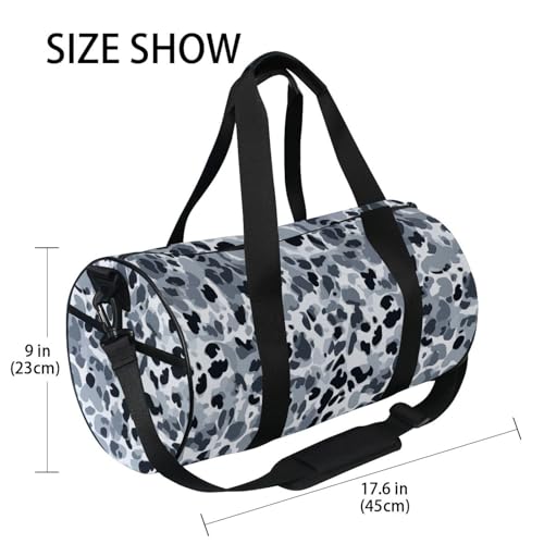 Gray Leopard Print Sports Duffel Bag Durable Full Print Barrel Gym Bag with Large Main Pocket, Side Zippered Compartment for Training Gear Sportswear and Travel Essentials4