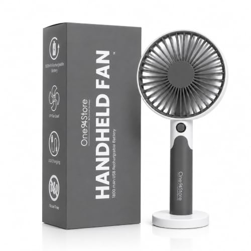 Image of One94Store Mini Handheld Fan, USB Rechargeable with 1800mAh Battery, 6-Speed Cooling for Home Office Travel, White & Dark Grey - Portable Electric Table Fan