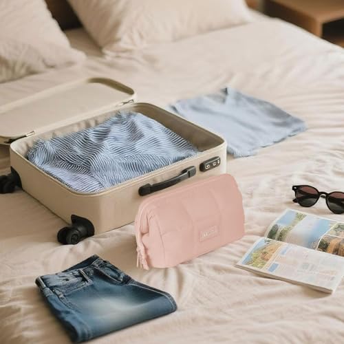Image of Puffy Makeup Bag Travel Toiletry Bag, Waterproof Make Up Bag for Women, Lightweight Wide-open Cosmetic Bag with Multiple Compartments, Pouch Travel Essentials Toiletries, Pink