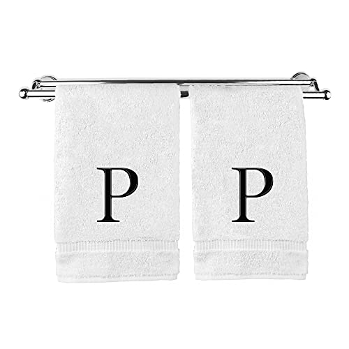 Monogrammed Hand Towel, Personalized Gift, Set of 2- Black Block Letter Embroidered Towel - Extra Absorbent 100% Turkish Cotton - Soft Terry Finish - Initial P White