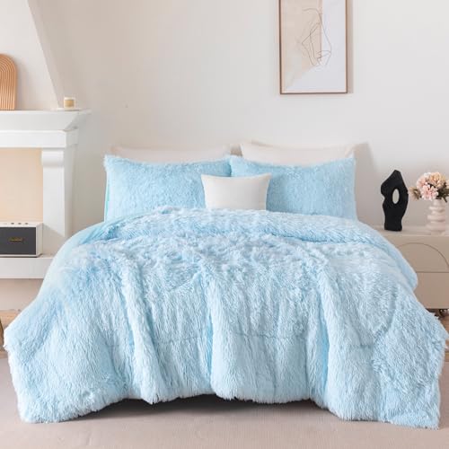 Image of Light Blue Fluffy Girls Comforter Set Twin Size 3 Pieces Faux Fur Plush Shaggy Bedding Set for Teen Girls Soft Warm Furry Velvet Kids Bed Sets (Light Blue, Twin)