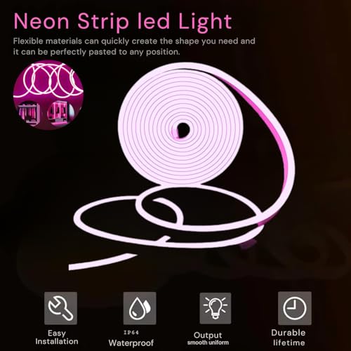 Image of 16.4 Feet LED Neon Strip Lights, with 12V Adapter, Waterproof IP65, Silicone Flexible Rope Light for Home Decor | Led Strip Lights | Neon Lights | 5 Meter | (Pink)