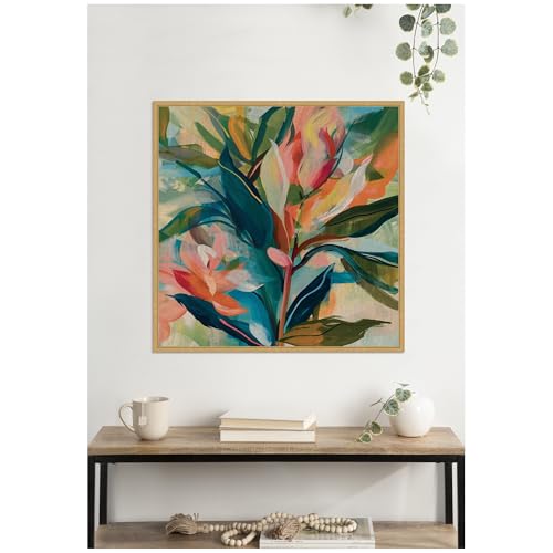 Kate and Laurel Colorful Tropic Botanical Abstract Neutral Linen Framed Canvas Wall Art by The Creative Bunch Studio 30 x 30 Sylvie Bright Gold, Bohemian, Abstract, Flowers Art for Wall Decor, Living by Kate and Laurel - Image 5