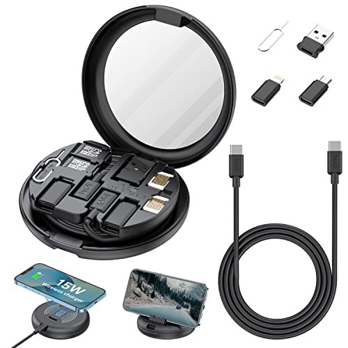 BUDI 15W Wireless Charger12 in 1 Multifunction Box 2.9ft Cable Card Paired Vanity Mirror USB Type-C Charging and USB C to USB A Light Aluminum Conversion Connector for Travel Charging PC Data Transfer