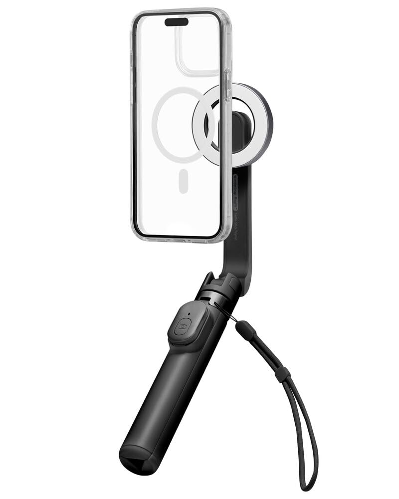 Spigen S571W MagFit Palo Selfie Anillo Metálico y Correa | Negro, Imán 18N Fuerte, Compacto y Ligero 170g, Soporte Todo en Uno para iPhone, Samsung Android, Pixel