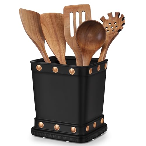 Meecoo Spring Vintage Kitchen Utensil Holder, Matte Black Ceramic Utensil Crock with Copper Rivet Design, Large Capacity Countertop Organizer for Spatula, Spoon, Fork