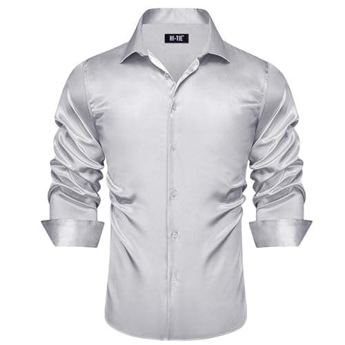 Hi-Tie Mens Satin Dress Shirts Silver Silk Like Long Sleeve Button Down Rugular Fit Shiny Sateen Shirt Weding Party Formal Button Up
