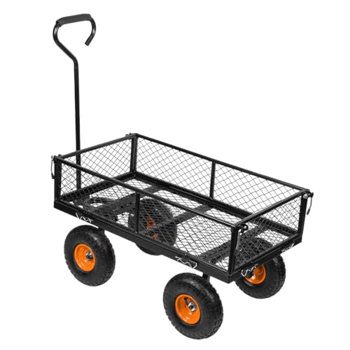 NEO TOOLS Carrello da 300 kg con griglia in metallo – Carrello di trasporto con lati pieghevoli – Telaio in acciaio – Ruote anteriori girevoli – Ruote gonfiabili da 10 pollici – Carrello da giardino –