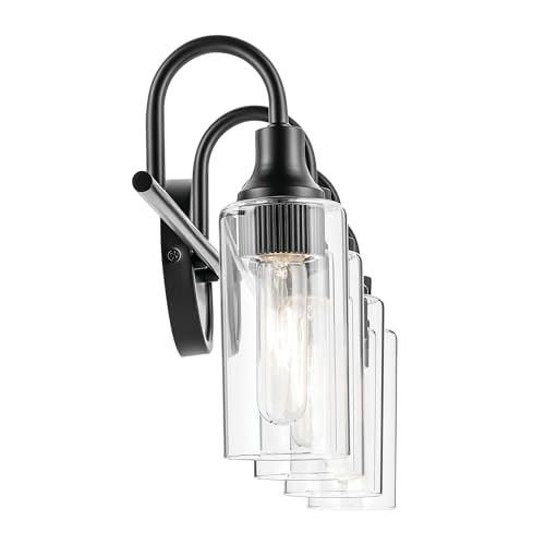 Image of Kichler Kavi 4-Light Bathroom Vanity Light, Black | Damp-rated vanity light with clear glass for bathroom mirrors (31.5 inch x 10 inch), 55212BK