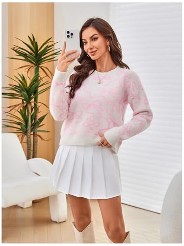 Image of RoseSeek Women's 3D Floral Appliques Crewneck Sweaters Long Sleeve Drop Shoulder Pullovers Elegant Knit Tops