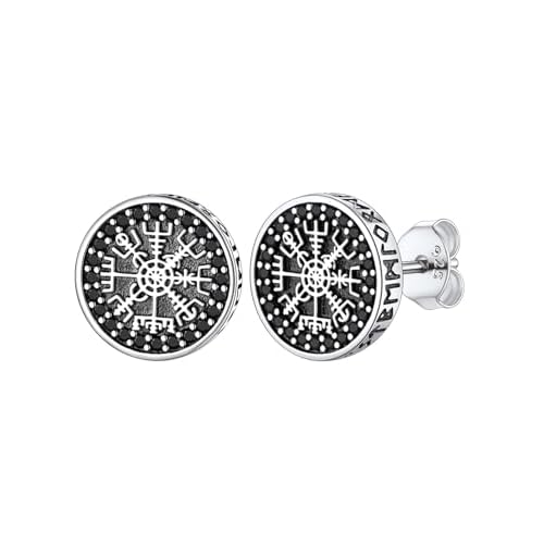 FaithHeart Viking Runes Stud Earrings for Men Silver/Black/Gold Stainless Steel Lightweight Earrings Retro Norse Mythology Jewelry with Gift Box Black Onyx-Front Runes-Sterling Silver