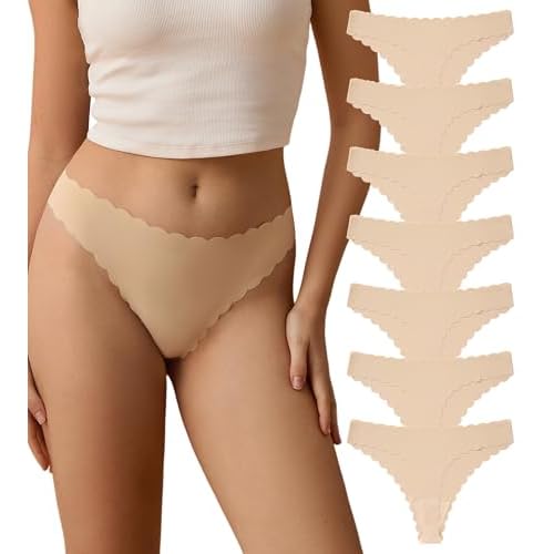 SHARICCA Womens Seamless Thongs No Show Underwear Soft Ribbed Invisible Panties Wave Edge Multi Pack All Nude 3X-Large