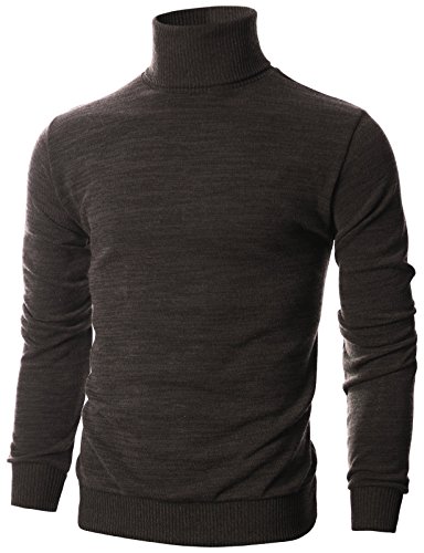 OHOO Mens Slim Fit Long Sleeve Turtleneck Mixed Ribbed Hem Pullover Sweater/DCP024-BROWN-3XL