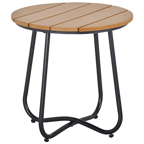 Outsunny Mesa Auxiliar Redonda Mesa de Jardín Exterior con Diseño de Listones y Patas Ajustables Mesa para Exterior Terraza Patio Ø49x48 cm Natural y Negro