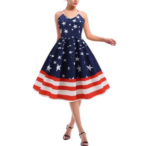 Image of Women Dress American Flag Print Vintage Maxi Dress